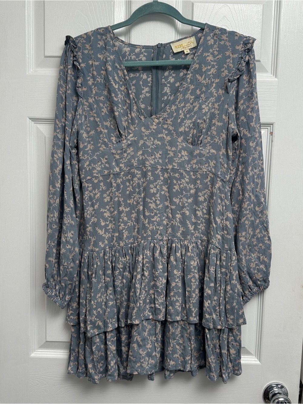 Rebellion Dusty Blue Floral Tiered Long-Sleeve Dress